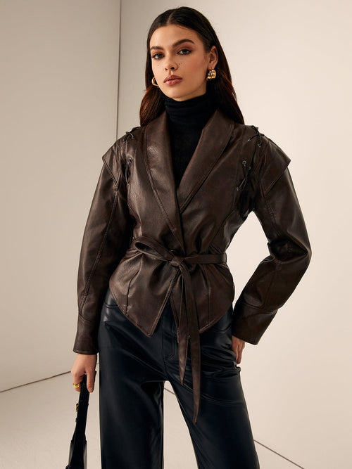 Beatrix - Women's Hooded Belted Leather Jacket