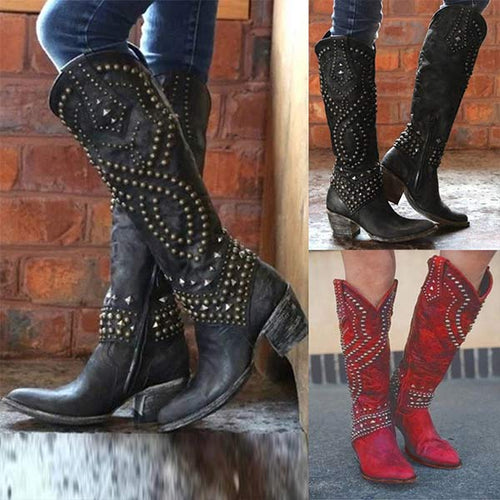 Orla - Women's Studded Heeled Knee Boots