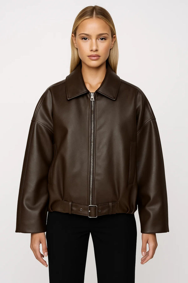Astrid | Women's Cropped Belted Oversized Faux Leather Jacket