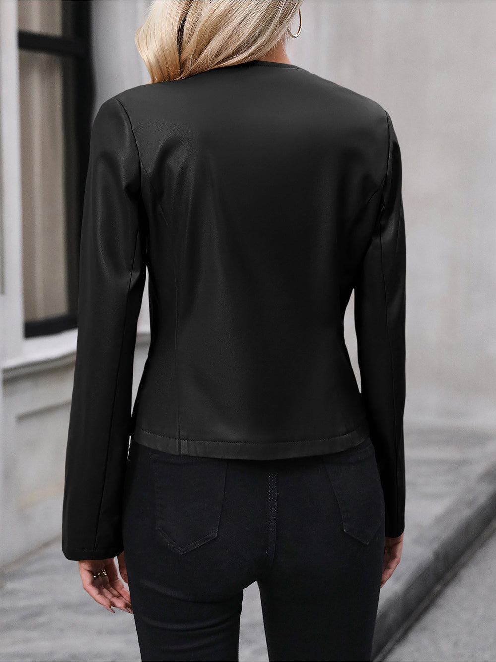 Aurelia | Women's Cropped Collarless Leather Biker Jacket Zip Up