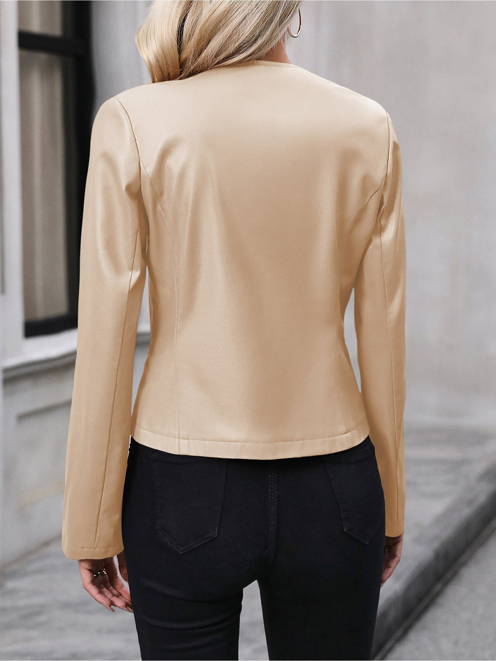 Aurelia | Women's Cropped Collarless Leather Biker Jacket Zip Up