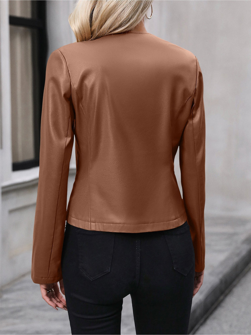 Aurelia | Women's Cropped Collarless Leather Biker Jacket Zip Up