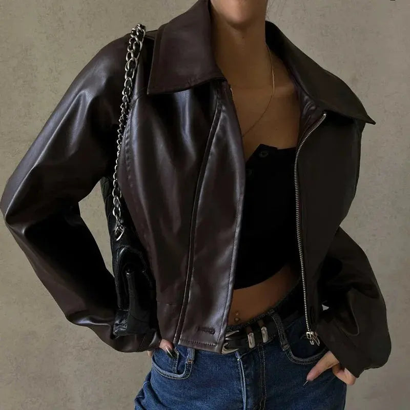 Aveline | Women's Cropped Moto Leather Jacket Zip Up