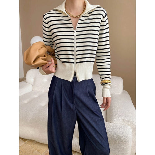 Sabine - Women's Striped Zip-Neck Knitted Sweater