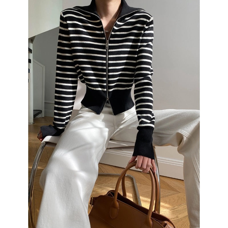 Sabine | Women's Striped Funnel Neck Zip Up Sweater