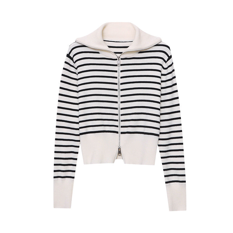 Sabine | Women's Striped Funnel Neck Zip Up Sweater