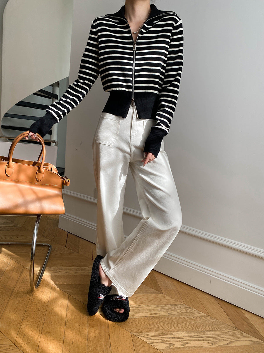 Sabine | Women's Striped Funnel Neck Zip Up Sweater