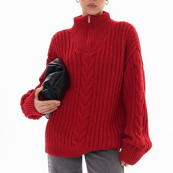 Sibyl | Women's Cable Knit Funnel Neck Zip Up Sweater