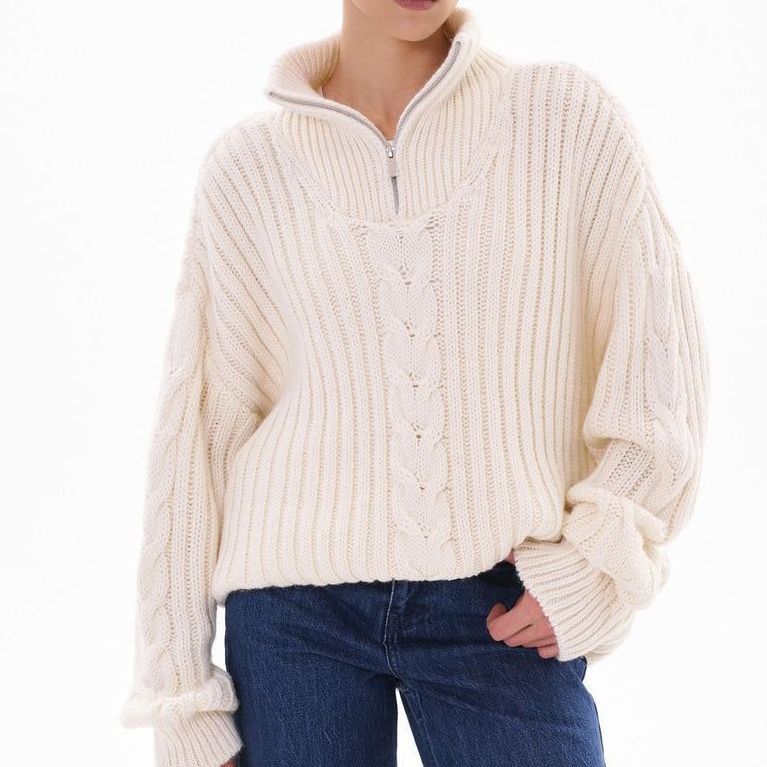 Sibyl | Women's Cable Knit Funnel Neck Zip Up Sweater