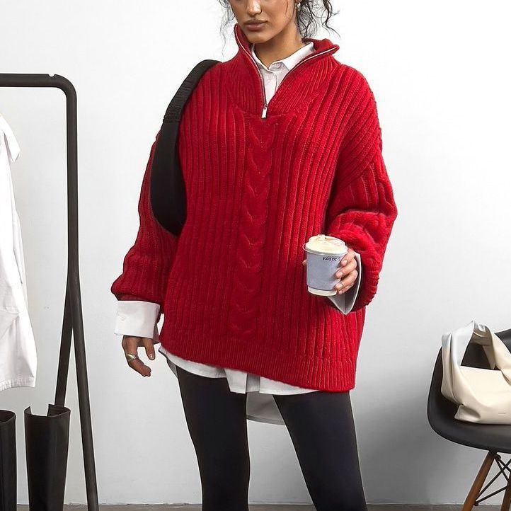 Sibyl | Women's Cable Knit Funnel Neck Zip Up Sweater