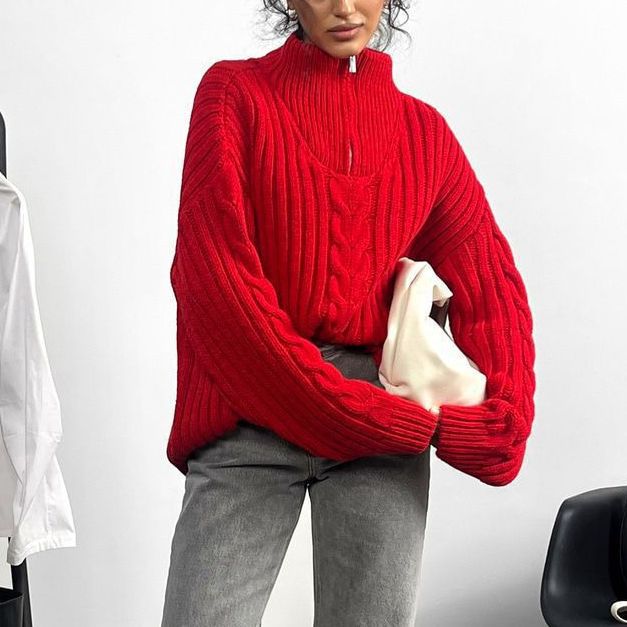 Sibyl | Women's Cable Knit Funnel Neck Zip Up Sweater