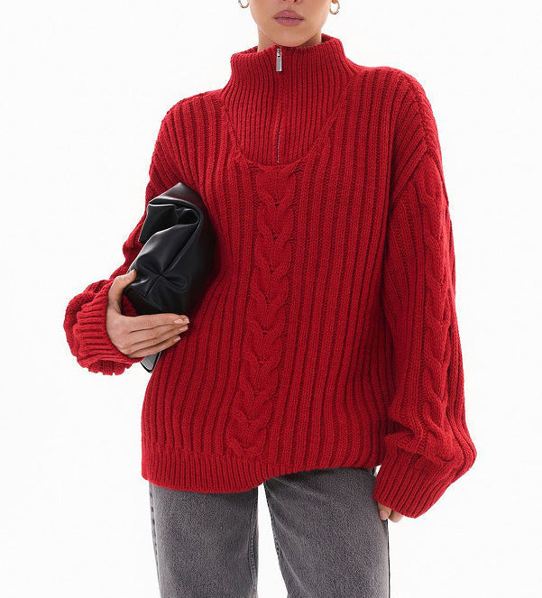 Sibyl | Women's Cable Knit Funnel Neck Zip Up Sweater