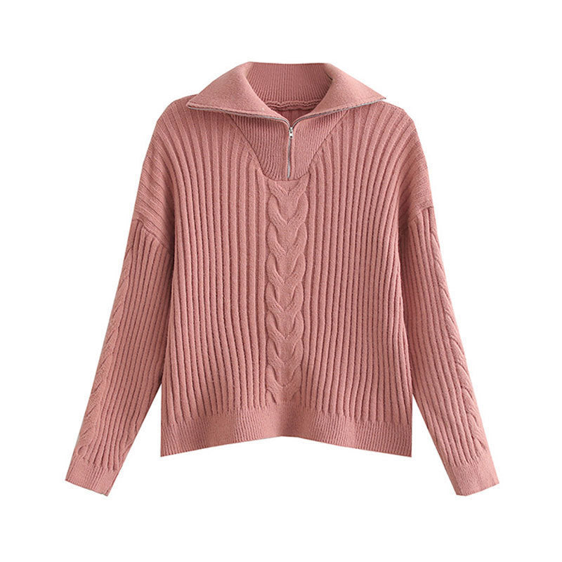 Sibyl | Women's Cable Knit Funnel Neck Zip Up Sweater